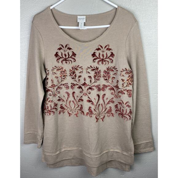Chicos Zenergy Women’s Beige Red Rust Floral Design Knit Sweater Size 1X - Picture 1 of 3